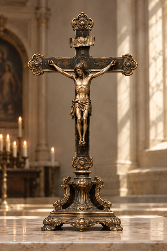 Antique brass crucifix with INRI banner