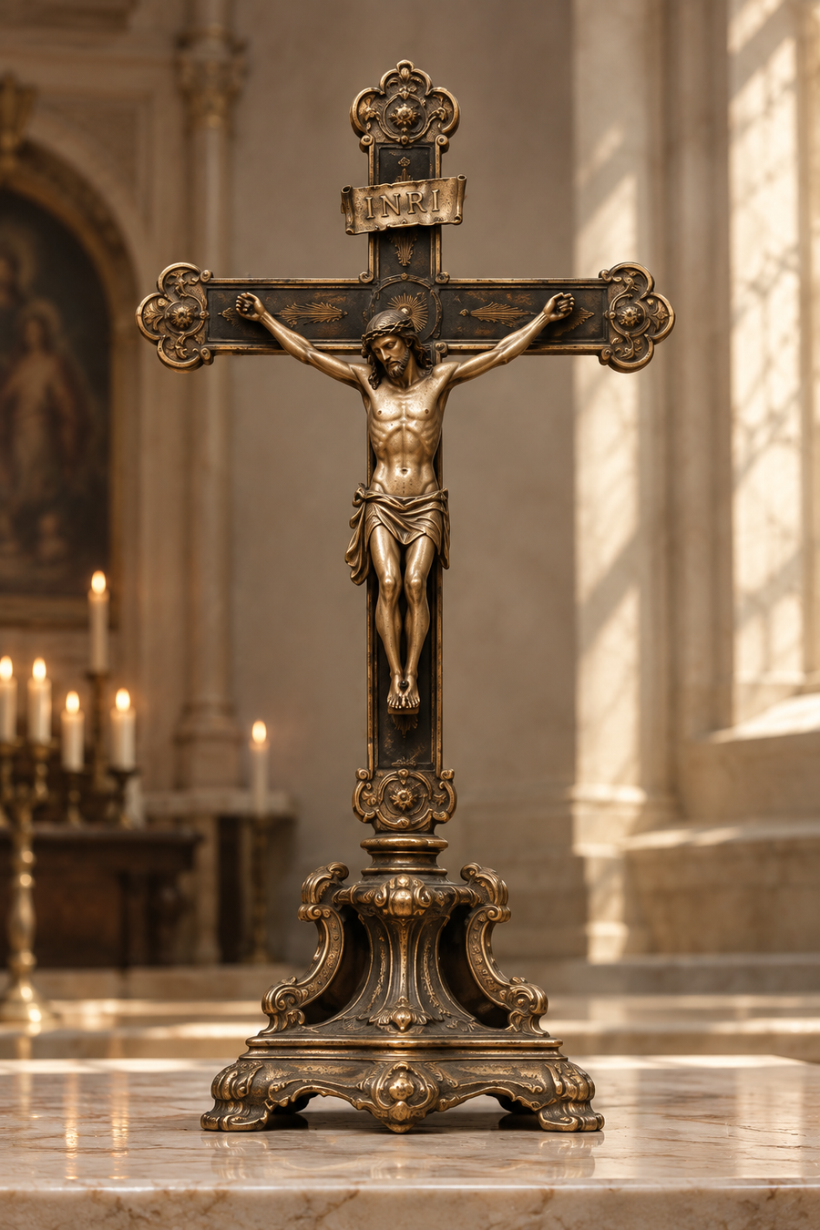 Antique brass crucifix with INRI banner