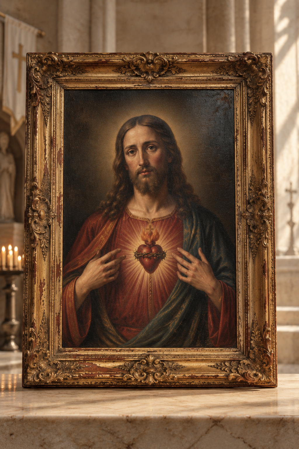 Sacred Heart of Jesus framed antique oil painting