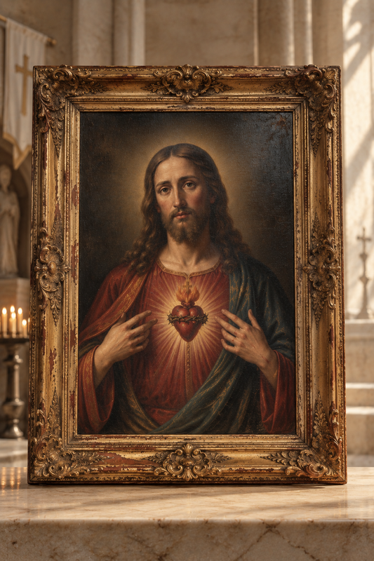 Sacred Heart of Jesus framed antique oil painting
